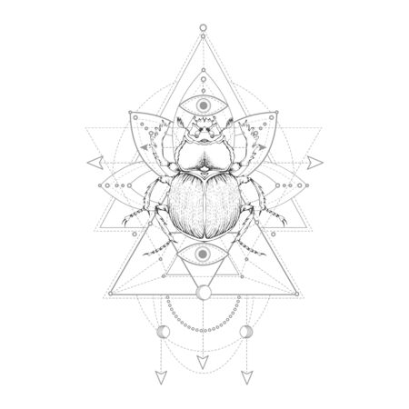 Vector illustration with hand drawn scarab and Sacred symbol on white background. Abstract mystic sign. Black linear shape. For you design, tattoo or magic craft.のイラスト素材