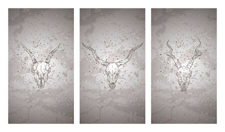 Vector set of three illustrations with hand drawn skulls antelopes and goat on grunge texture background. Vintage sketch in dark color. For you design, print, tattoo or magic craft.のイラスト素材