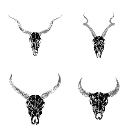 Vector set of hand drawn skulls of horned animals: antelopes, bull and wild buffalo on white background. Black silhouettes with grunge texture. For you design, print, tattoo or magic craft.のイラスト素材
