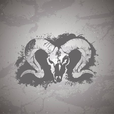 Vector illustration of hand drawn skull wild ram and grunge elements on vintage background. Sketch in dark color. For you design, print, tattoo or magic craft.のイラスト素材