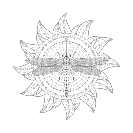 Vector illustration with hand drawn dragonfly and Sacred symbol on white background. Abstract mystic sign. Black linear shape. For you design, tattoo or magic craft.のイラスト素材