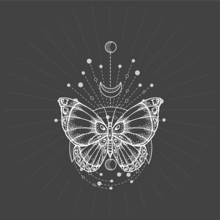 Vector illustration with hand drawn butterfly and Sacred geometric symbol on black background. Abstract mystic sign. White linear shape. For you design, tattoo or magic craft.のイラスト素材
