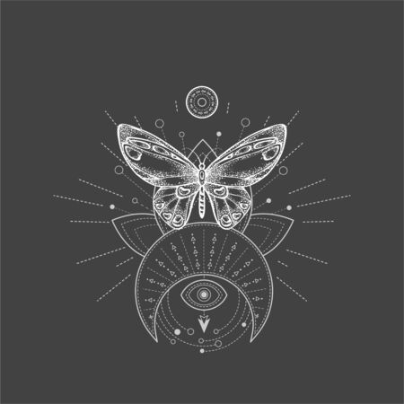 Vector illustration with hand drawn butterfly and Sacred geometric symbol on black background. Abstract mystic sign. White linear shape. For you design, tattoo or magic craft.のイラスト素材