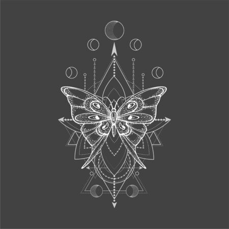 Vector illustration with hand drawn butterfly and Sacred geometric symbol on black background. Abstract mystic sign. White linear shape. For you design, tattoo or magic craft.のイラスト素材