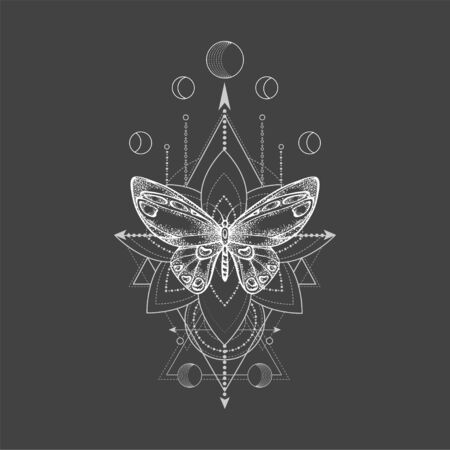 Vector illustration with hand drawn butterfly and Sacred geometric symbol on black background. Abstract mystic sign. White linear shape. For you design, tattoo or magic craft.のイラスト素材