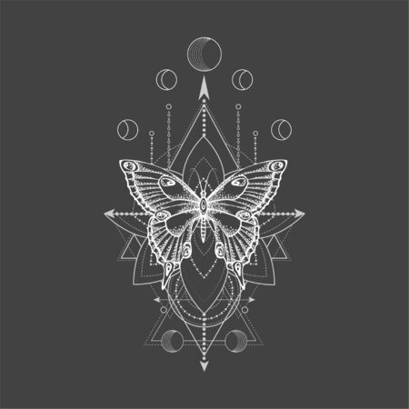 Vector illustration with hand drawn butterfly and Sacred geometric symbol on black background. Abstract mystic sign. White linear shape. For you design, tattoo or magic craft.のイラスト素材