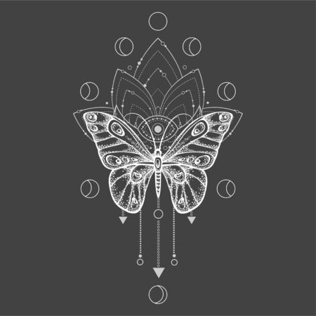 Vector illustration with hand drawn butterfly and Sacred symbol on black background. Abstract mystic sign. White linear shape. For you design, tattoo or magic craft.のイラスト素材