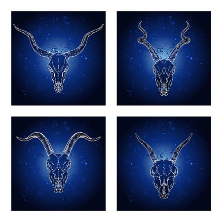 Vector set of four illustrations with hand drawn skulls antelopes and goats on blue abstract background. For you design, print, tattoo or magic craft.のイラスト素材
