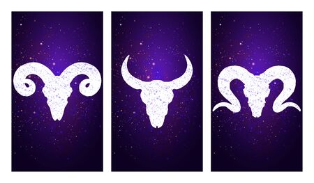 Vector set of three illustrations with silhouettes skulls bull and rams on purple starry sky background. In blue color. For you design, print, tattoo or magic craft.のイラスト素材