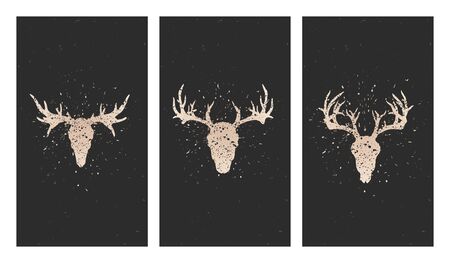 Vector set of three illustrations with gold silhouettes skulls deer, moose and grunge elements on black background. For you design, print, tattoo or magic craft.のイラスト素材
