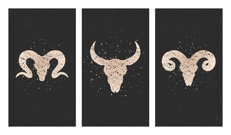 Vector set of three illustrations with gold silhouettes skulls bull, rams and grunge elements on black background. For you design, print, tattoo or magic craft.のイラスト素材