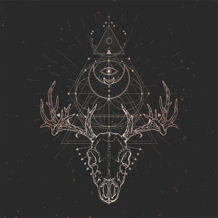Vector illustration with hand drawn Deer skull and Sacred geometric symbol on black vintage background. Abstract mystic sign. Gold linear shape. For you design and magic craft.のイラスト素材