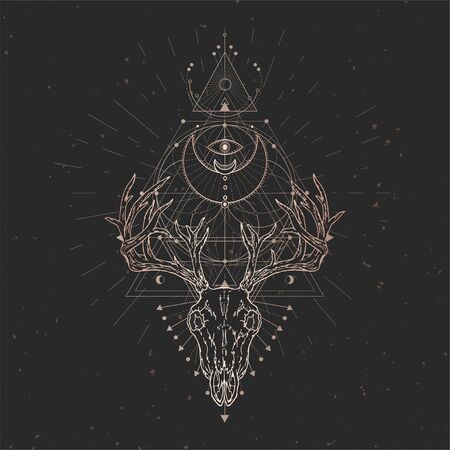 Vector illustration with hand drawn Deer skull and Sacred geometric symbol on black vintage background. Abstract mystic sign. Gold linear shape. For you design and magic craft.のイラスト素材