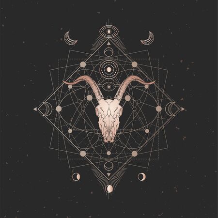 Vector illustration with hand drawn Goat skull and Sacred geometric symbol on black vintage background. Abstract mystic sign. Gold linear shape. For you design and magic craft.のイラスト素材