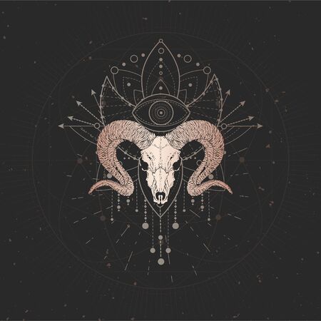 Vector illustration with hand drawn Wild ram skull and Sacred geometric symbol on black vintage background. Abstract mystic sign. Gold linear shape. For you design and magic craft.のイラスト素材