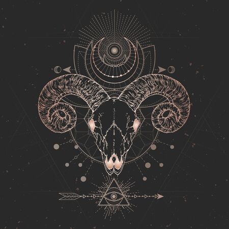 Vector illustration with hand drawn Ram skull and Sacred geometric symbol on black vintage background. Abstract mystic sign. Gold linear shape. For you design and magic craft.のイラスト素材