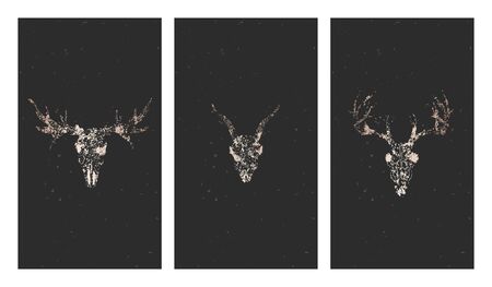 Vector set of three illustrations with gold silhouettes skulls deer, moose and grunge elements on black background. For you design, print, tattoo or magic craft.のイラスト素材