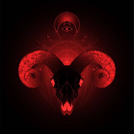 illustration with hand drawn ram skull and Sacred geometric symbol on black background. Abstract mystic sign. Red linear shape. For you design, tattoo or magic craft.のイラスト素材