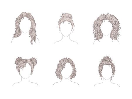 Vector set of six different women hairstyles. Sketch style illustration. Hand drawn. Isolated on white background.のイラスト素材
