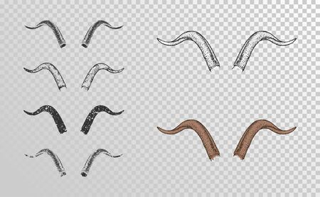 Vector set of hand drawn horns goat with grunge elements in different versions on a transparent background. Monochrome and color variation. For you design, tattoo or magic craft.のイラスト素材
