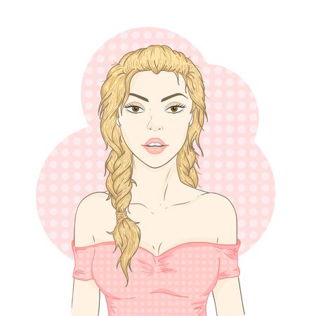 Vector illustration of a beautiful young woman with long braids on a white background. Color image.のイラスト素材