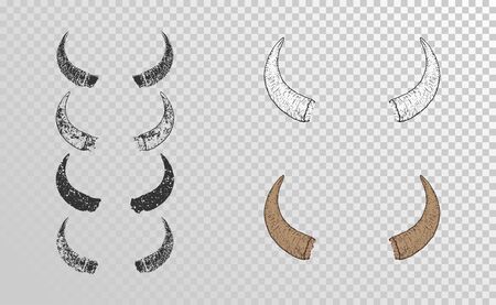Vector set of hand drawn horns bull with grunge elements in different versions on a transparent background. Monochrome and color variation. For you design, tattoo or magic craft.のイラスト素材
