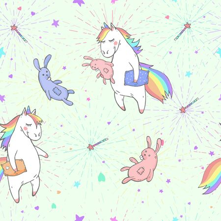 Vector seamless patterns with hand drawn cute unicorns, magic wand, coffee and toy on green background. Cartoon style. Color image. For print, t-shirts, design, children room decoration and other.のイラスト素材