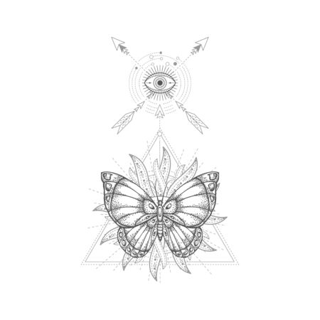Vector illustration with hand drawn butterfly and Sacred geometric symbol on white background. Abstract mystic sign. Black linear shape. For you design, tattoo or magic craft.のイラスト素材