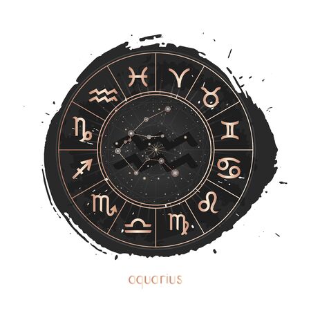Vector illustration of Zodiac sign and constellation Aquarius with Horoscope circle on a grunge ink background. Image in gold and black color.のイラスト素材
