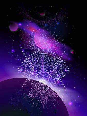 Vector illustration of Sacred geometric symbol against the space background with sunrise and stars. Mystic sign drawn in lines. Image in purple color.のイラスト素材