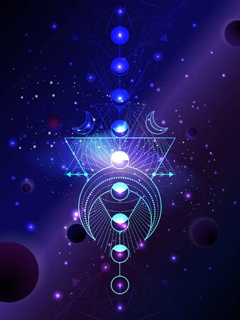 Vector illustration of Sacred geometric symbol against the space background with planets and stars. Mystic sign drawn in lines. Image in blue color.のイラスト素材