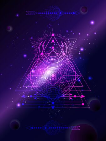 Vector illustration of Sacred geometric symbol against the space background with planets and stars. Mystic sign drawn in lines. Image in purple color.のイラスト素材