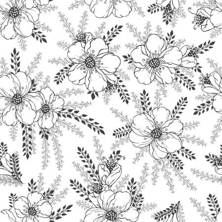 Vector seamless pattern with hand drawn flowers. Floral monochrome backgrounds.