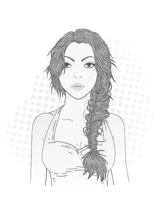 Vector portrait of a beautiful young woman with french braid on a white background. Monochrome image.のイラスト素材