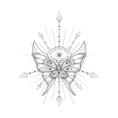 Vector illustration with hand drawn butterfly and Sacred geometric symbol on white background. Abstract mystic sign. Black linear shape. For you design, tattoo or magic craft.のイラスト素材