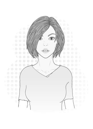 Vector illustration of a beautiful young woman with a modern short haircut on a white background. Monochrome image.のイラスト素材