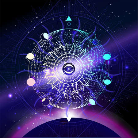 Illustration of Sacred geometric symbol against the space background with sunrise and stars. Mystic sign drawn in lines. Image in purple color.の写真素材