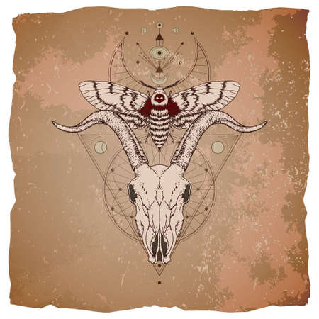 Vector illustration with hand drawn goat skull, dead head moth and Sacred geometric symbol on vintage paper background with torn edges. Abstract mystic sign. Image in sepia and red color.のイラスト素材