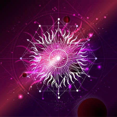 Illustration of Sacred geometric symbol against the space background with galaxy and stars. Mystic sign drawn in lines. Image in red color.の写真素材