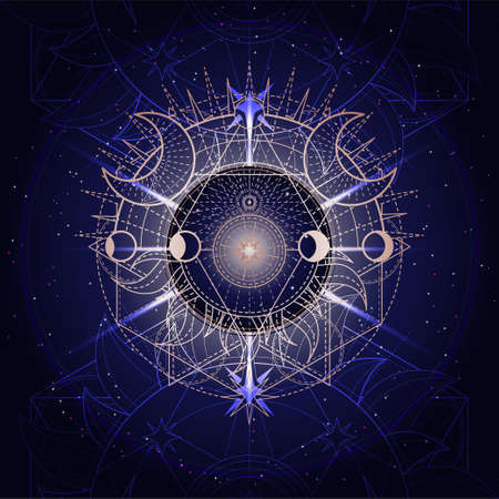 Vector illustration of Sacred geometry symbol on abstract background. Mystic sign drawn in lines. Image in blue color.のイラスト素材