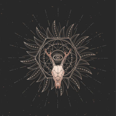 Vector illustration with hand drawn Roe deer skull and Sacred geometric symbol on black vintage background. Abstract mystic sign. Gold linear shape. For you design and magic craft.のイラスト素材