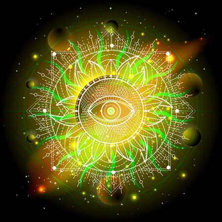 Illustration of Sacred geometric symbol against the space background with galaxy and stars. Mystic sign drawn in lines. Image in yellow color.の写真素材