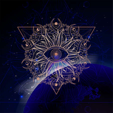 Vector illustration of Sacred geometric symbol against the space background with sunrise and stars. Mystic sign drawn in lines. Image in purple color.のイラスト素材