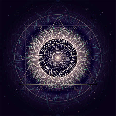Vector illustration of Sacred geometry symbol on abstract background. Mystic sign drawn in lines. Image in purple color.のイラスト素材