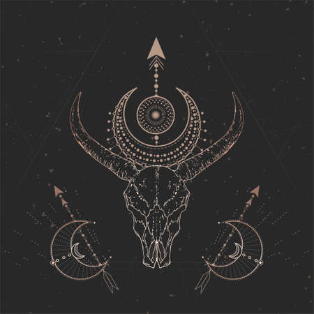 Vector illustration with hand drawn Wild buffalo skull and Sacred geometric symbol on black vintage background. Abstract mystic sign. Gold linear shape. For you design and magic craft.のイラスト素材