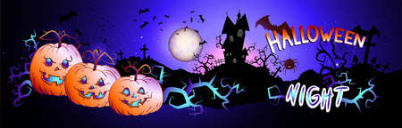Vector Halloween illustration with pumpkins head, sinister castle, bats and text on nightly background with full moon. Halloween night.のイラスト素材