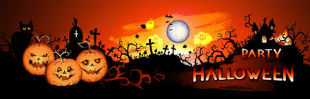 Vector Halloween illustration with pumpkins head, sinister castle, cemetery, bats and text on nightly background with full moon. Party Halloween.のイラスト素材