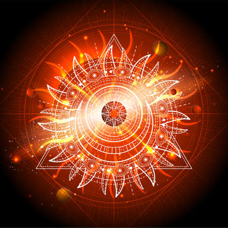 Vector illustration of Sacred geometric symbol against the space background with galaxy and stars. Mystic sign drawn in lines. Image in orange color.のイラスト素材
