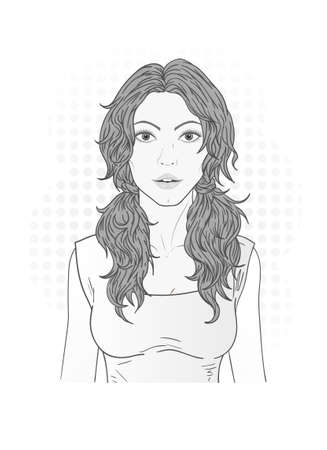 Vector illustration with beautiful young woman with long hair on a white background. Monochrome image.のイラスト素材
