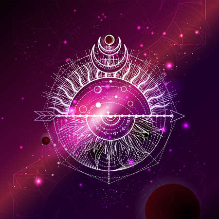 Vector illustration of Sacred geometric symbol against the space background with galaxy and stars. Mystic sign drawn in lines. Image in red color.のイラスト素材